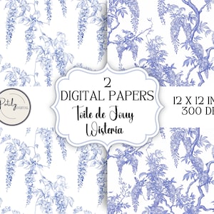 Chinoiserie Toile de Jouy digitaal papier - afdrukbaar, Seamless Shabby Chic, Digitale download, Blauweregen, Scrapbook, Junk Journal, PNG