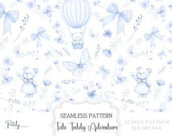 Blue Chinoiserie Toile de Jouy, Seamless Nursery Background, Teddy Bears, Instant Digital Download, for papers, fabrics, POD and more