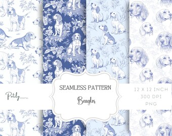 Toile de Jouy Digital Paper - Seamless Pattern, Dogs, Beagles, Clipart for Paper, Fabrics and more - Instant Download