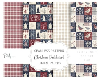 Weihnachten Patchwork nahtlose Muster, Quilt Digital Papier, Urlaub Hintergründe in den Formaten png und jpg