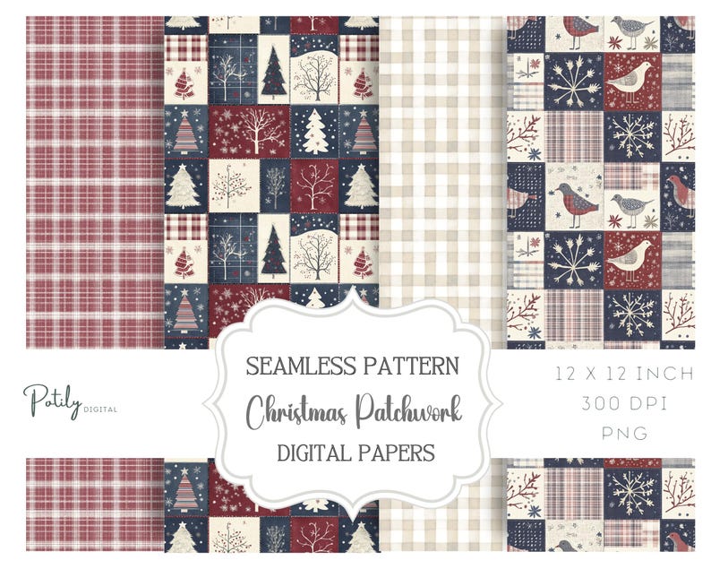 Seamless Christmas patchwork digital paper set with rustic plaids, holiday trees, snowflakes, and birds in a red, navy, and cream color palette. 12x12 inch 300dpi digital scrapbook papers for festive crafts, invitations, and printables.
