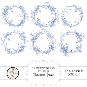 Chinoiserie Frames Clipart,  Blue Chinoiserie Vintage Frames, Vintage French Flowers, Instant Download png files.