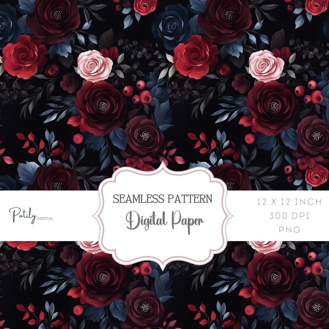 Dark Burgundy and Blue Floral Peonies Seamless Pattern, Instant Digital ...
