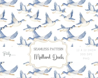 Mallard Duck Seamless Background watercolour chinoiserie, Instant Digital Download, clipart, papers, fabrics, POD and more, png