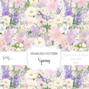 May include: A seamless pattern featuring a variety of pastel-colored flowers, including white daisies, pink cosmos, and purple wildflowers. The pattern is 12 inches by 12 inches and 300 DPI.