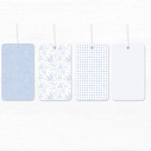 A set of french blue and white seamless digital papers featuring teddy bear toile patterns, gingham checks, pastel stripes, and a soft linen texture background. Perfect for nursery designs, baby showers, scrapbooking, and printable crafts