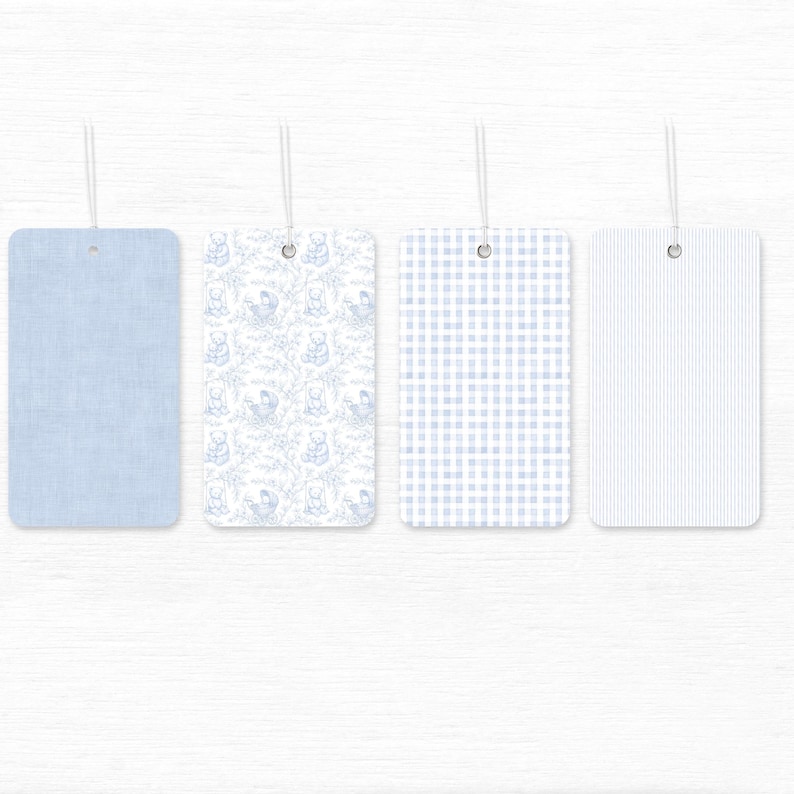 A set of french blue and white seamless digital papers featuring teddy bear toile patterns, gingham checks, pastel stripes, and a soft linen texture background. Perfect for nursery designs, baby showers, scrapbooking, and printable crafts