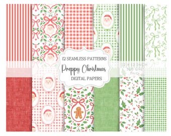 Preppy Christmas Seamless Patterns, Classic Red Green Digital Paper, Santa Gingerbread Bows, Gingham Holiday Scrapbook Paper