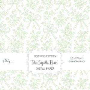 Può includere: Carta digitale senza cuciture con un motivo ripetuto di fiocchi e bouquet di rose verde chiaro su sfondo bianco. Il testo "Toile Coquette Bows" è visualizzato sull'immagine. La carta misura 30,48 x 30,48 cm.