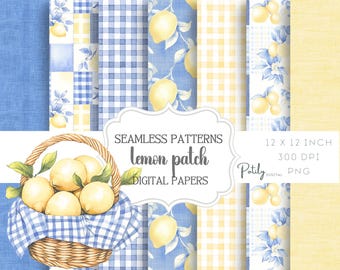 水彩レモンシームレスパターンパック - パッチワークとギンガムパターン、デジタルペーパー - 紙、布地などに - 即時ダウンロード