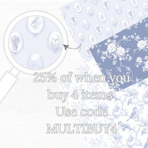 Le Jardin Secret French toile digital paper collection in soft blue and white, featuring elegant floral and bird patterns, ornate damask motifs, hydrangeas, vintage cameos, and a romantic French love seat surrounded by flowers. A delicate watercolor grandmillennial-style paper set perfect for scrapbooking, junk journaling, invitations, and shabby chic craft projects.