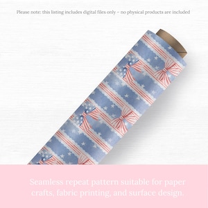 Americana bow stripe seamless pattern with red white and blue ribbon bows lace stripes and stars, vintage patriotic coquette digital paper for fabric wallpaper nursery decor