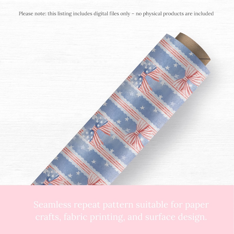 Americana bow stripe seamless pattern with red white and blue ribbon bows lace stripes and stars, vintage patriotic coquette digital paper for fabric wallpaper nursery decor