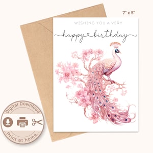 Cartão de feliz aniversário para impressão, pavão aquarela e flores, download digital, impressão em casa, cartão DIY