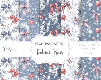 4th July Seamless Pattern, Patriotic Bows and Flowers Digital Paper for Fabrics and more - Instant Download