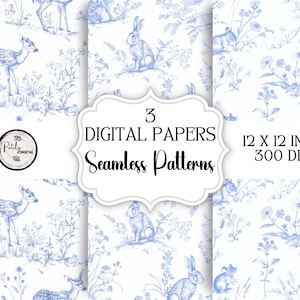 Toile de Jouy chinoiseriestijl digitaal papier - naadloos patroon, Engelse weidedieren, afdrukbaar, png-bestanden direct downloaden.