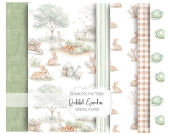 Rabbit Garden Digital Paper, Bunny Seamless Pattern, Cottage Garden Pattern, Watercolor Rabbit, Nursery Pattern, Commercial Use