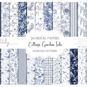 Könnte beinhalten: Eine Sammlung von 24 digitalen Papieren mit nahtlosen Mustern in Blau- und Weißtönen. Die Designs umfassen Blumen-, Schmetterlings- und Streifenmuster. Der Text lautet "Cottage Garden Toile" und "Seamless Patterns". Die Papiere sind 30,48 x 30,48 cm groß.