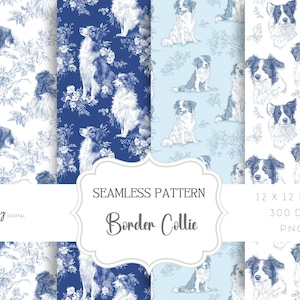 Toile de Jouy Digital Paper - Seamless Pattern, Dogs, Border Collie dogs, Clipart for Paper, Fabrics and more - Instant Download