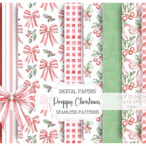 Preppy Christmas Seamless Pattern, Pink Coquette Digital Paper, Holiday Plaid, Stripe & Bow Printables, Scrapbook Paper Pack