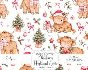 Highland Cow Christmas Seamless Pattern, Cute Christmas Digital Paper, Festive Cow Pattern PNG