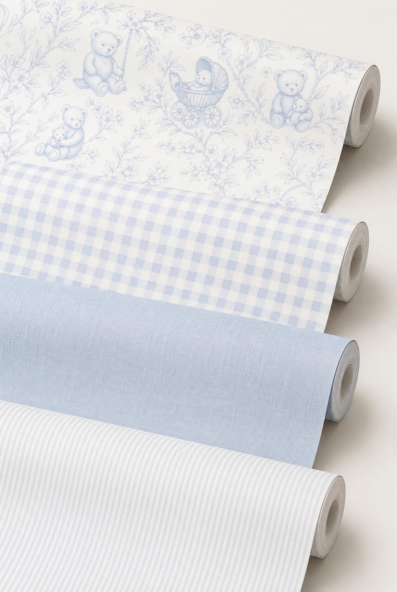 May include: Four rolls of wallpaper in various patterns. The top roll features a blue and white floral design with teddy bears and a baby carriage. Below are rolls with a blue gingham check, solid blue, and white stripes.