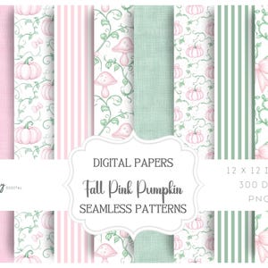 Fall Pink Pumpkin and Bow Halloween Seamless Pattern, Digital Paper Set – Coquette Bows and Preppy Printable Scrapbook papers