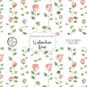 May include: A seamless digital paper pattern featuring watercolour pink roses with green leaves on a white background. The pattern is 12 inches by 12 inches and 300 DPI. The text "Watercolour Roses" is in a decorative frame.