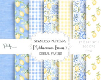 Watercolour Lemon Seamless Pattern Pack - Mediterranean Tile pattern, Digital Paper - for Paper, Fabrics and more - Instant Download