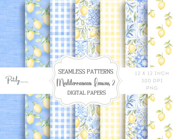Watercolour Lemon Seamless Pattern Pack - Mediterranean Tile pattern, Digital Paper - for Paper, Fabrics and more - Instant Download