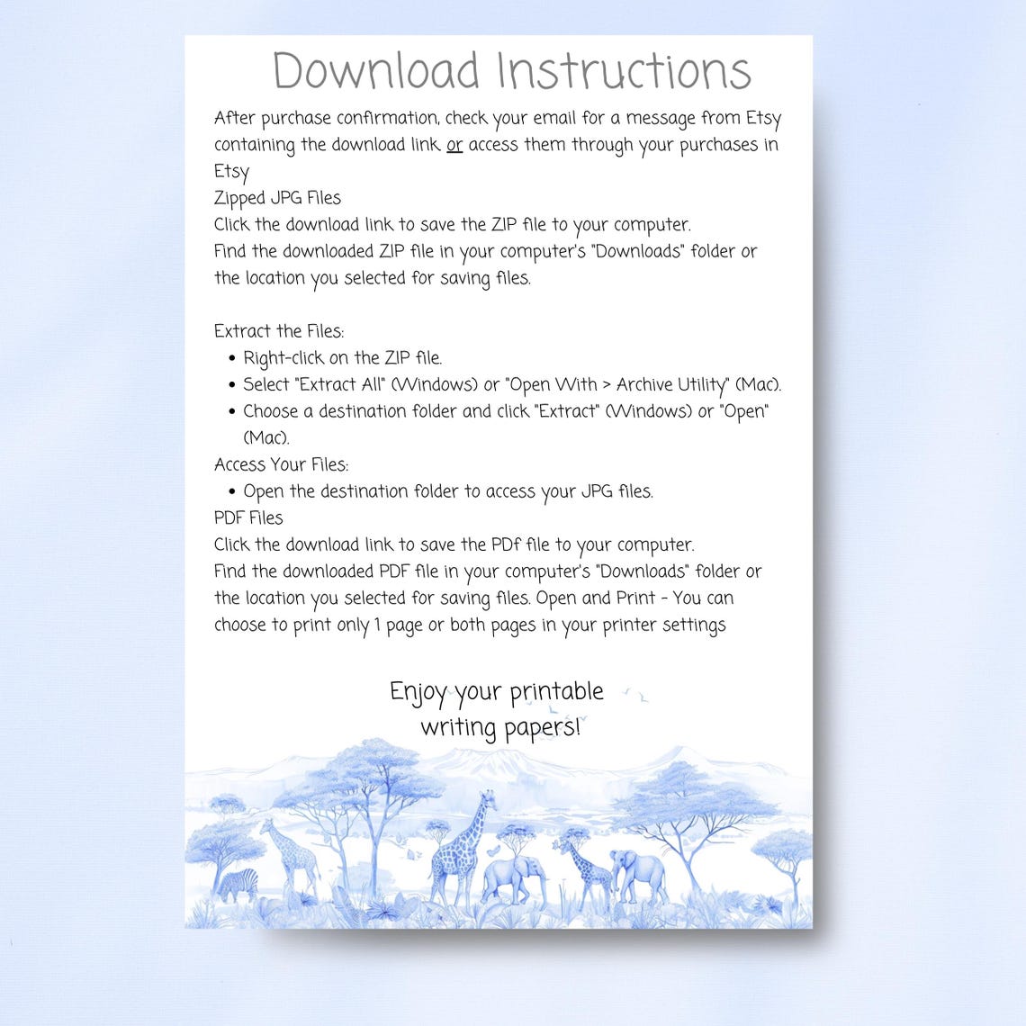 Printable Stationery Letter Writing Paper, African Safari Toile De Jouy ...