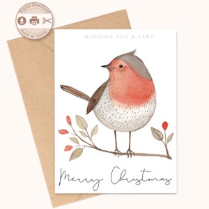Carte de Noël imprimable, conception Robin aquarelle, téléchargement numérique, impression à la maison, carte de bricolage
