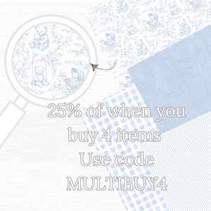 A set of french blue and white seamless digital papers featuring teddy bear toile patterns, gingham checks, pastel stripes, and a soft linen texture background. Perfect for nursery designs, baby showers, scrapbooking, and printable crafts