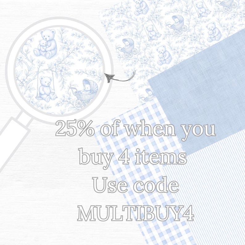 A set of french blue and white seamless digital papers featuring teddy bear toile patterns, gingham checks, pastel stripes, and a soft linen texture background. Perfect for nursery designs, baby showers, scrapbooking, and printable crafts