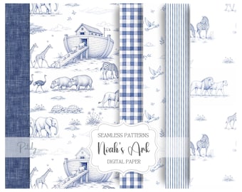 Blue Toile Seamless Nursery Pattern Bundle,  Noah's Ark Animals Digital Paper Pack, Baby Shower Scrapbook Paper, Fabric & Wallpaper Designs