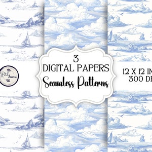 May include: Three digital paper designs featuring blue and white nautical illustrations. The designs include a lighthouse, sailboats, and clouds. Each design is 12 x 12 inches and 300 DPI.