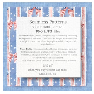 Americana bow stripe seamless pattern with red white and blue ribbon bows lace stripes and stars, vintage patriotic coquette digital paper for fabric wallpaper nursery decor