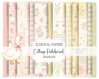 Country Goose Seamless Pattern Bundle, Cottagecore Geese & Patchwork, Pink Gingham, Vintage Watercolour Nursery Digital Papers