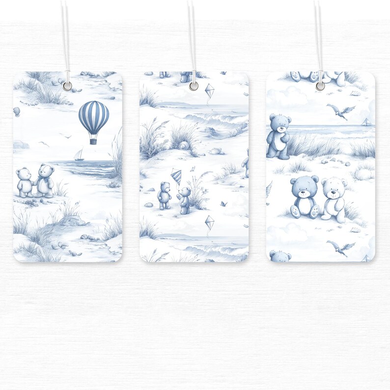 Modern toile seamless nursery pattern featuring a whimsical beach scene with teddy bears ideal for baby nursery and summer themed projects