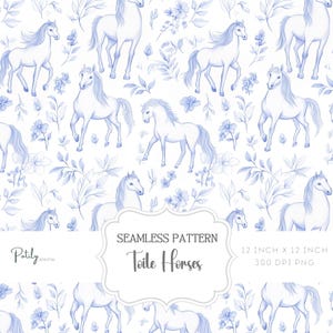 May include: Seamless pattern featuring blue and white illustrations of horses and floral elements. The design includes various horse poses and botanical details, creating a classic toile aesthetic. The pattern is 12 inches by 12 inches.