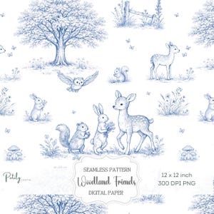 Puede incluir: Patrón de papel digital sin costuras en azul y blanco con animales del bosque. La ilustración incluye ciervos, conejos, ardillas y un búho, con árboles y flores. El texto dice "Woodland Friends". Las dimensiones son 30,48 x 30,48 cm.