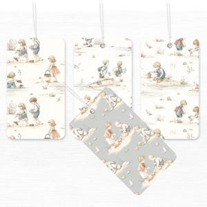 Seamless pattern in a vintage storybook toile style featuring children playing at the beach, paddling in shallow waves. Soft ink and watercolor illustration in muted tones of sandy beige, pale blue, and warm grey.