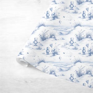 Modern toile seamless nursery pattern featuring a whimsical beach scene with teddy bears ideal for baby nursery and summer themed projects