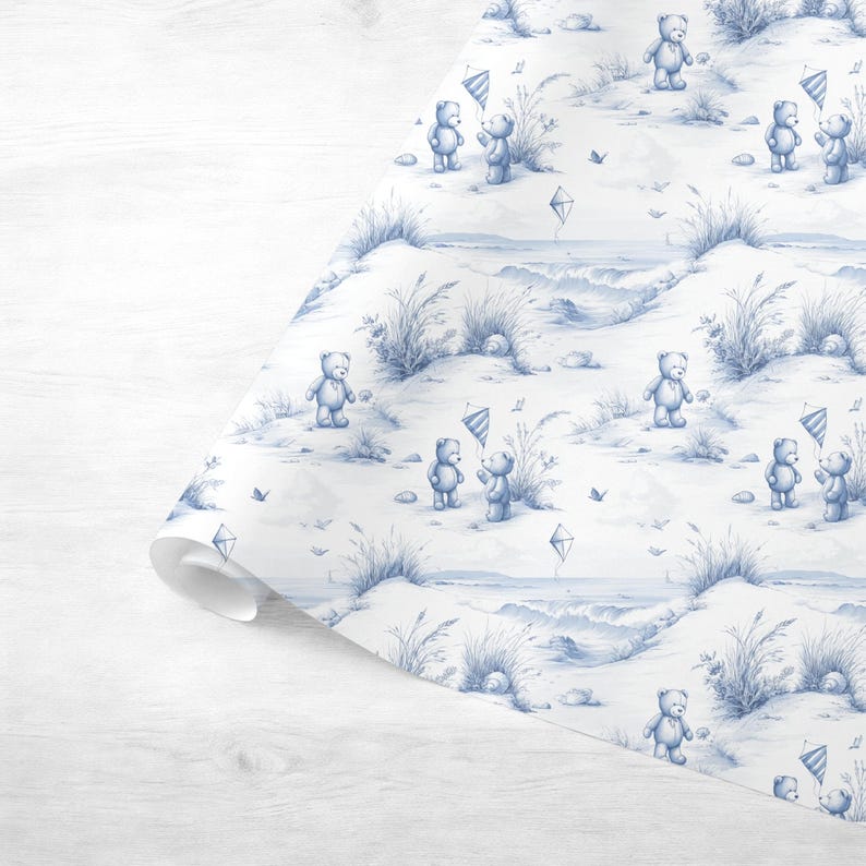 Modern toile seamless nursery pattern featuring a whimsical beach scene with teddy bears ideal for baby nursery and summer themed projects