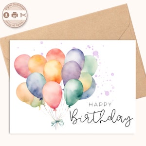 Cartão de feliz aniversário para impressão, desenho floral em aquarela, download digital, impressão em casa, cartão DIY