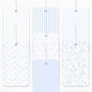 Seamless blue digital paper set featuring toile birds, florals, preppy gingham, polka dots, hearts, bows, stripes, and damask patterns. Pastel pink and white printable backgrounds in a coquette grandmillennial style, perfect for nursery decor, baby shower crafts, scrapbooking, invitations, and party decorations.