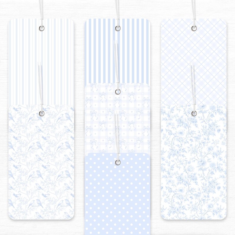 Seamless blue digital paper set featuring toile birds, florals, preppy gingham, polka dots, hearts, bows, stripes, and damask patterns. Pastel pink and white printable backgrounds in a coquette grandmillennial style, perfect for nursery decor, baby shower crafts, scrapbooking, invitations, and party decorations.