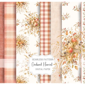 Autumn Fall Seamless Pattern Collection, Orchard Harvest Watercolor Digital Paper with Apple Bouquets, Peach Tartan & Gingham