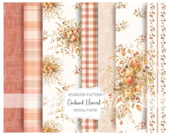 Autumn Fall Seamless Pattern Collection, Orchard Harvest Watercolor Digital Paper with Apple Bouquets, Peach Tartan & Gingham