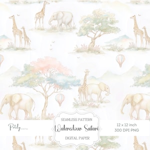 Pode incluir: Papel digital com tema de safári em aquarela com girafas, elefantes, árvores e balões de ar quente. O design apresenta um padrão contínuo com uma paleta de cores suaves bege, rosa e azul. O texto na imagem diz "Watercolour Safari" e "Digital Paper".